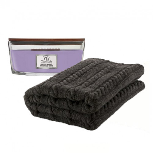 KlipShop Classic Style Blanket and Woodwick Heartwick Candle Set in a Gift Box Amethyst & Amber